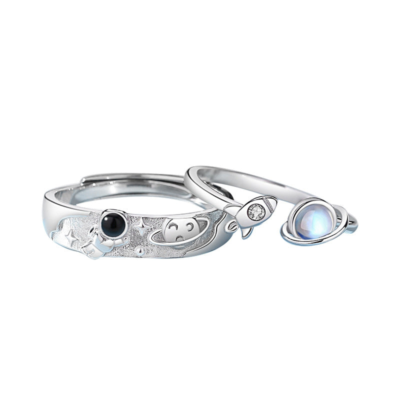 Spaceman Planets Moonstone Couple Rings Set