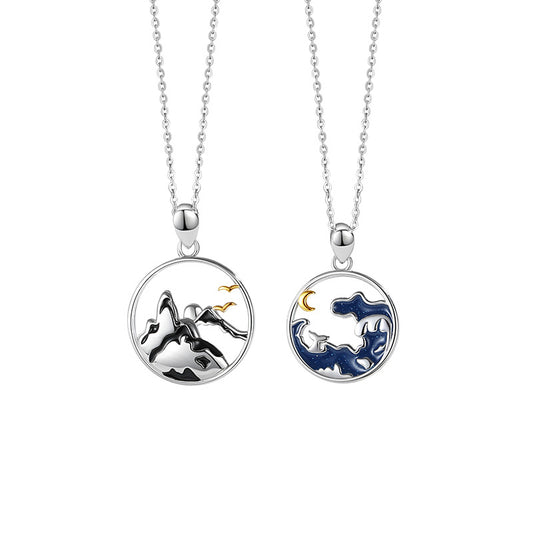 Matching Ocean and Mountain Couple Necklaces Set