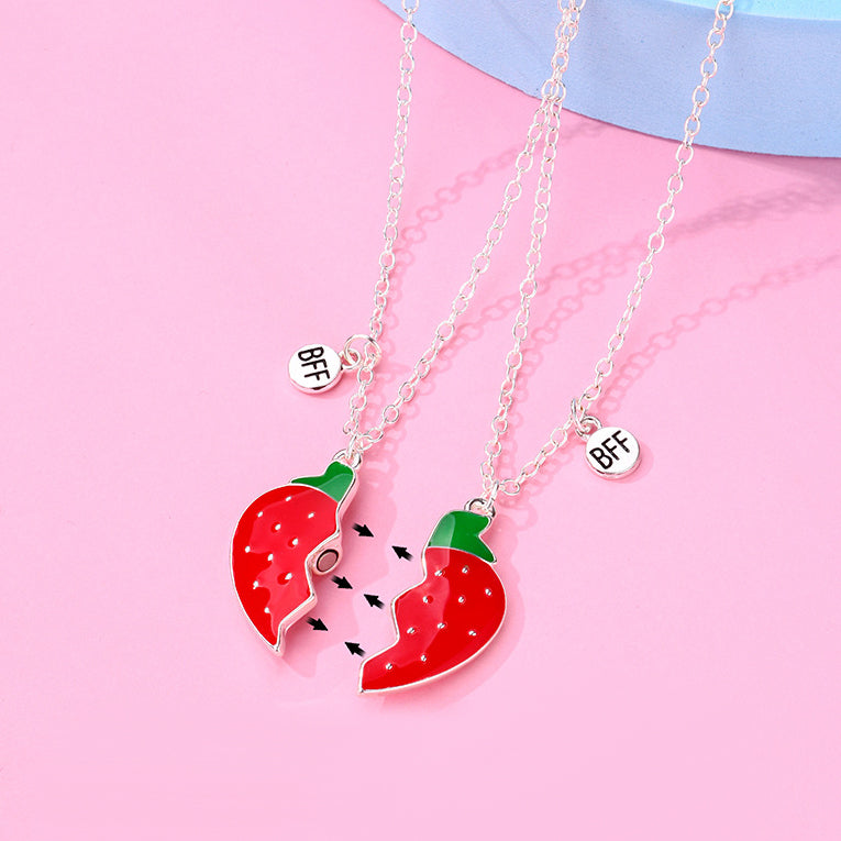 Magnetic Strawberry Hearts Bff Necklaces Set for Best Friends