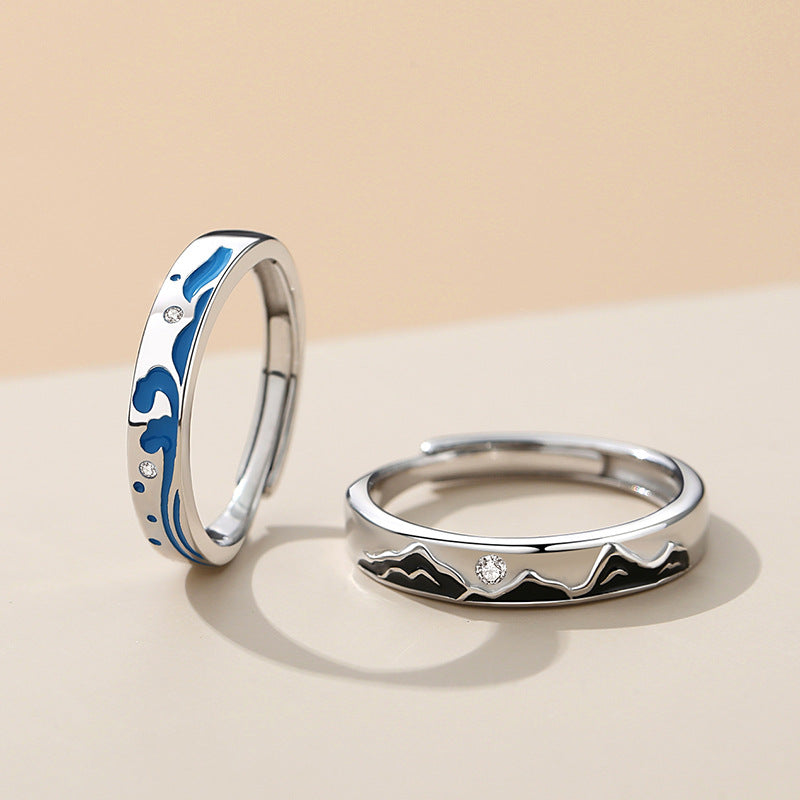 Custom Engraved Ocean Mountain Rings for Couples