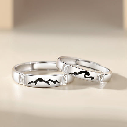 Engravable Ocean Mountain Rings Set for Couples