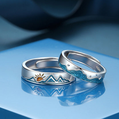 Custom Relationship Ocean Mountain Couple Rings Set