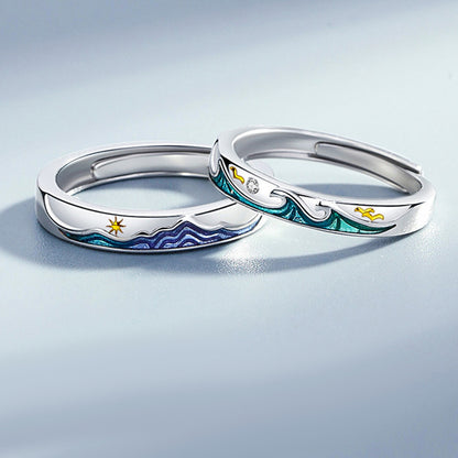 Engraved Ocean Theme Relationship Rings for Couple