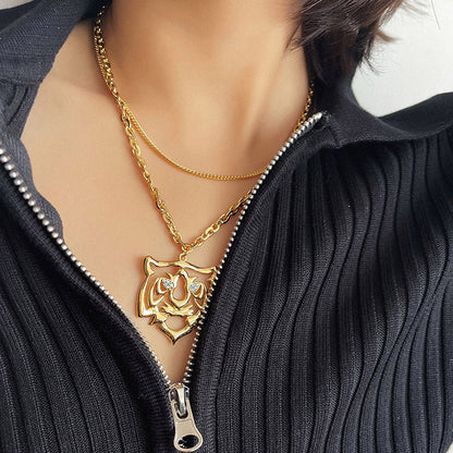 Double Chain Tiger Face Pendant Necklace