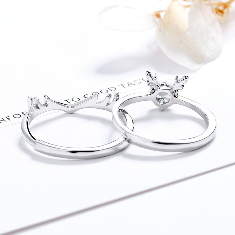 Deer Matching Solitaire Matching Wedding Rings Set