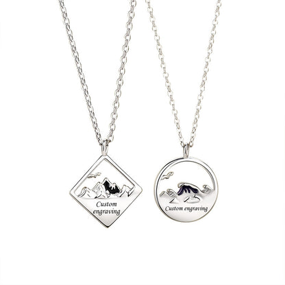 Custom Engravable Ocean Mountain Necklaces Set for Couples