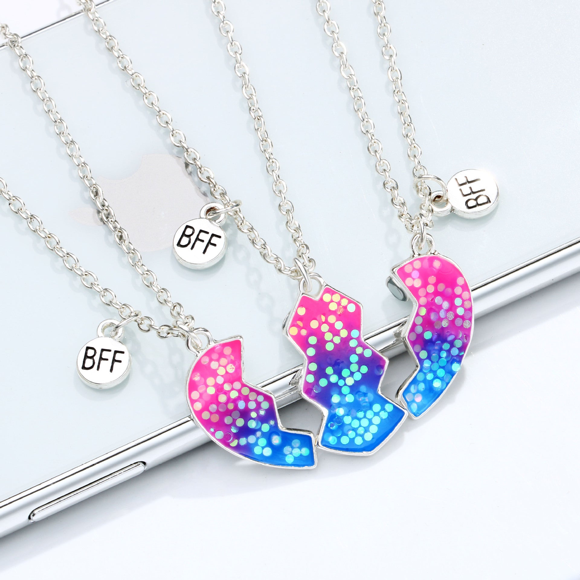 Lovecryst 3Pcs/set Pink Sequin Stitching Heart-shaped Magnetic Pendant Best  Friendship BFF Necklaces Best Friend