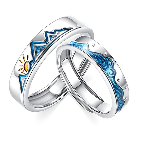 Custom Relationship Ocean Mountain Couple Rings Set