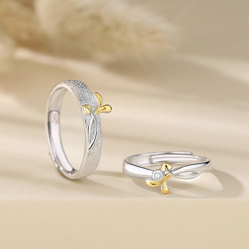 Engraved Mori Leaf Matching Rings Set for Couples