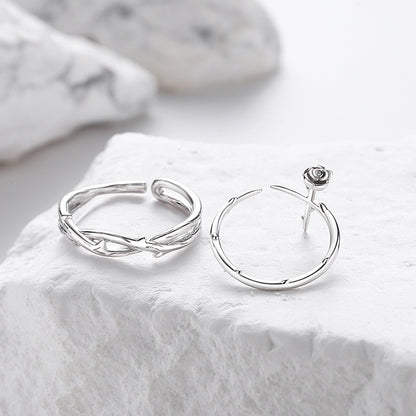 Branch and Rose Romantic Couple Rings Set