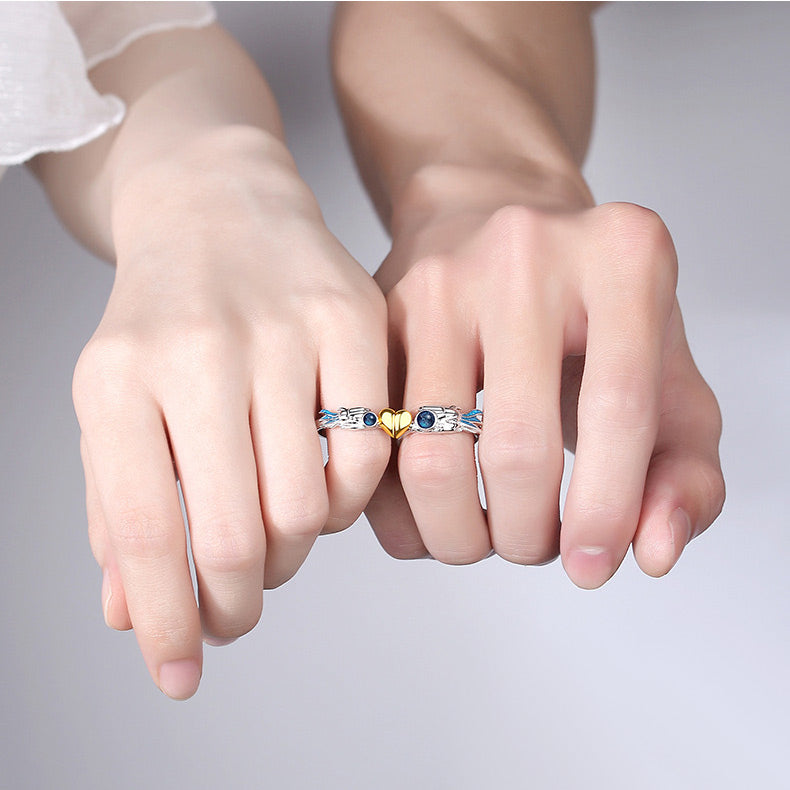 Magnetic Hearts Connecting Spaceman Couple Rings Set